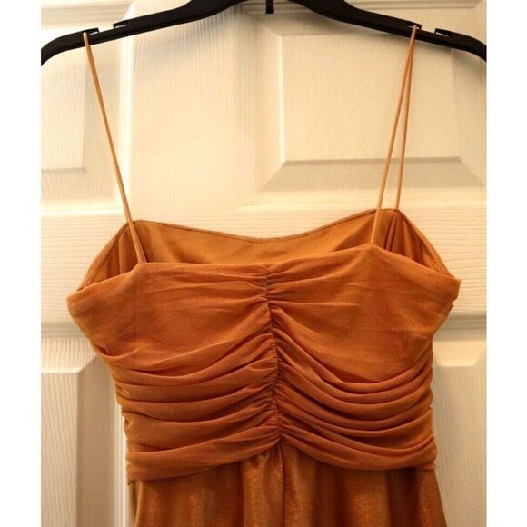 ASOS DESIGN Women's Sz 4 Gold Mesh Ruched Cami Drape Satin Midi Dress - Picture 4 of 14